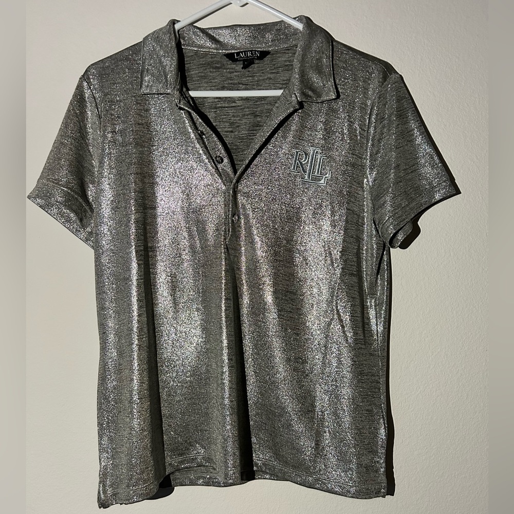 Silver shimmery Ralph Lauren shirt.  Size: L